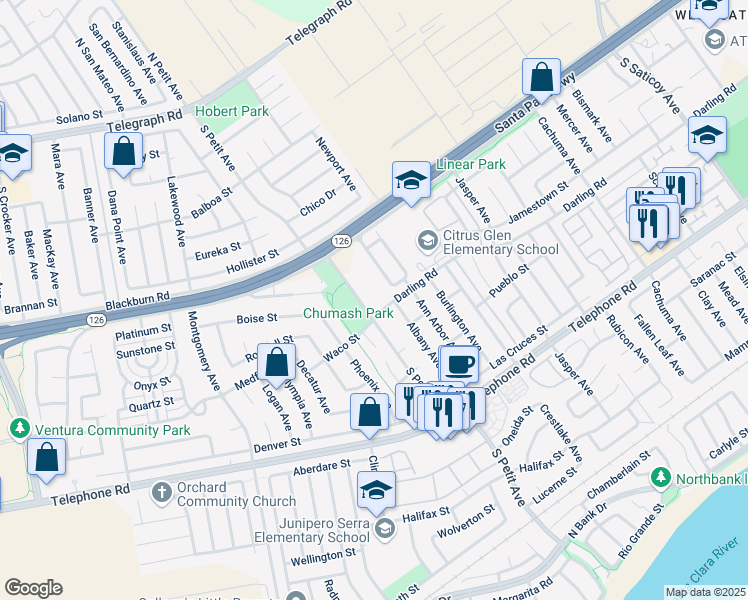 map of restaurants, bars, coffee shops, grocery stores, and more near 679 Chesapeake Place in Ventura