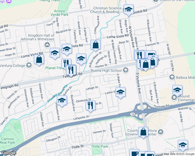 map of restaurants, bars, coffee shops, grocery stores, and more near 5430 Telegraph Road in Ventura