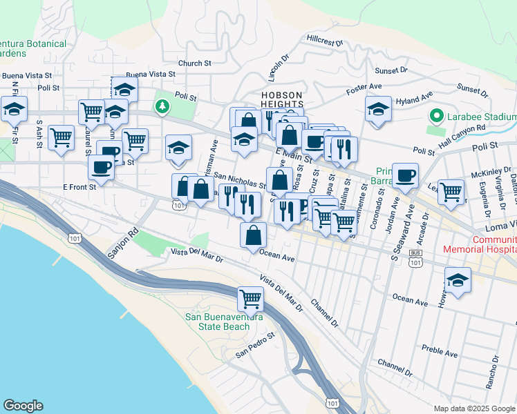 map of restaurants, bars, coffee shops, grocery stores, and more near 1707 Santa Ynez Street in Ventura