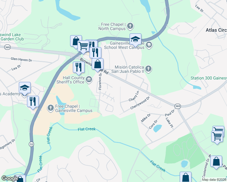 map of restaurants, bars, coffee shops, grocery stores, and more near 2879 Fox Wood Lane in Gainesville