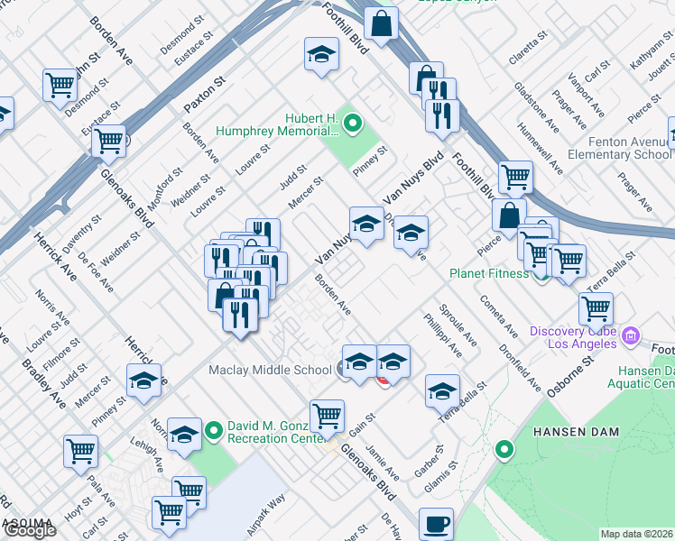 map of restaurants, bars, coffee shops, grocery stores, and more near 12600 Van Nuys Boulevard in Los Angeles