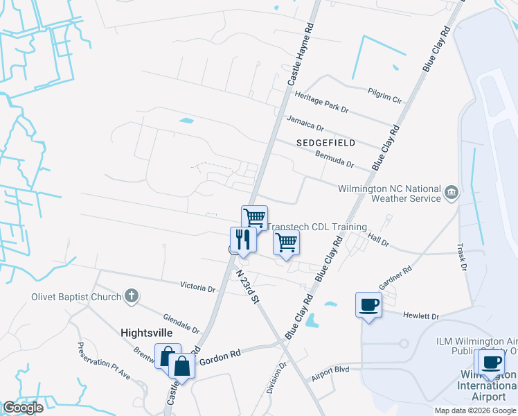 map of restaurants, bars, coffee shops, grocery stores, and more near 2012 Castle Hayne Road in Wilmington