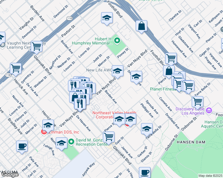 map of restaurants, bars, coffee shops, grocery stores, and more near 12600 Van Nuys Boulevard in Los Angeles