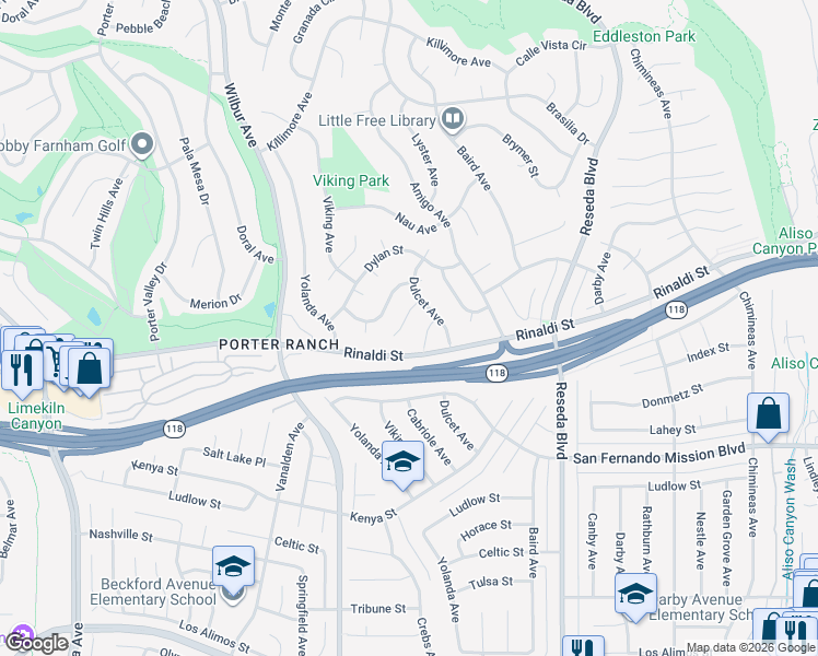 map of restaurants, bars, coffee shops, grocery stores, and more near 18754 Algiers Street in Los Angeles
