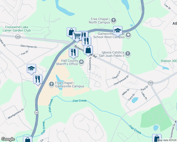 map of restaurants, bars, coffee shops, grocery stores, and more near 2884 Florence Drive in Gainesville