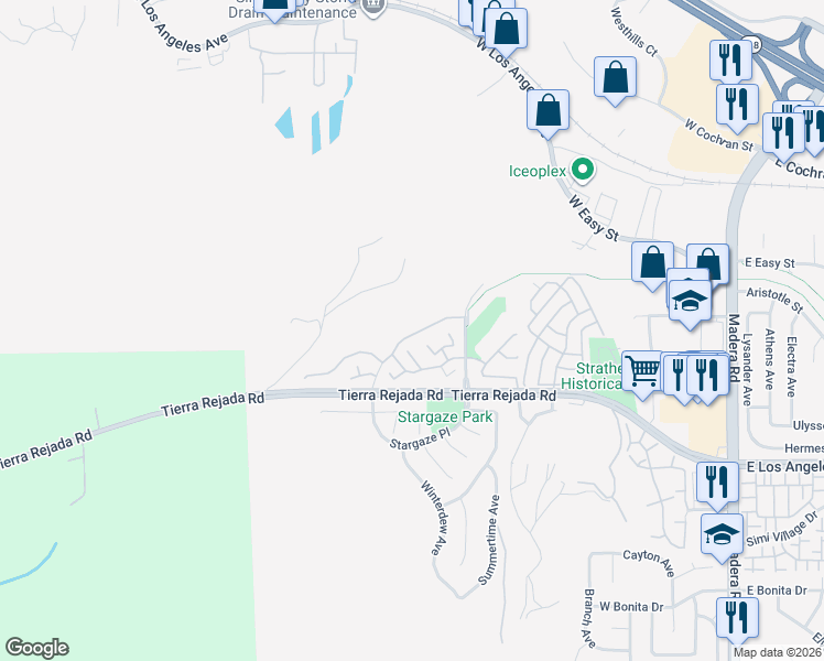 map of restaurants, bars, coffee shops, grocery stores, and more near 439 Algonquin Drive in Simi Valley