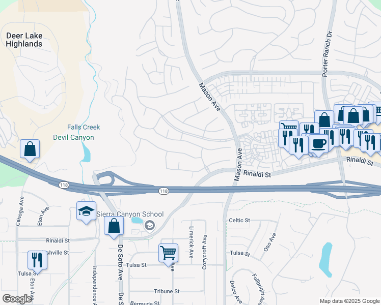 map of restaurants, bars, coffee shops, grocery stores, and more near 20623 Vercelli Way in Los Angeles