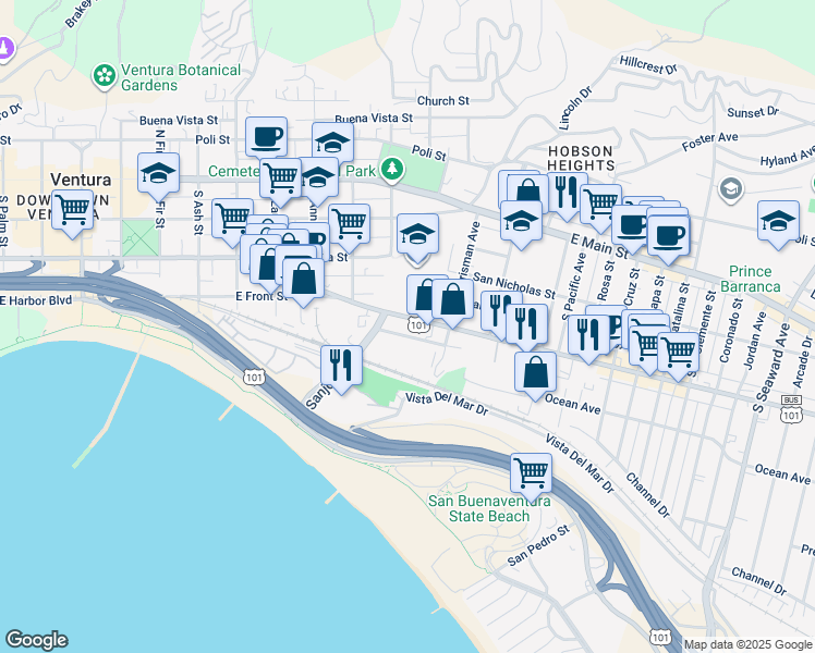 map of restaurants, bars, coffee shops, grocery stores, and more near 1350 East Thompson Boulevard in Ventura