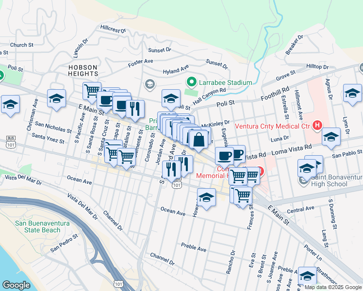 map of restaurants, bars, coffee shops, grocery stores, and more near in Ventura