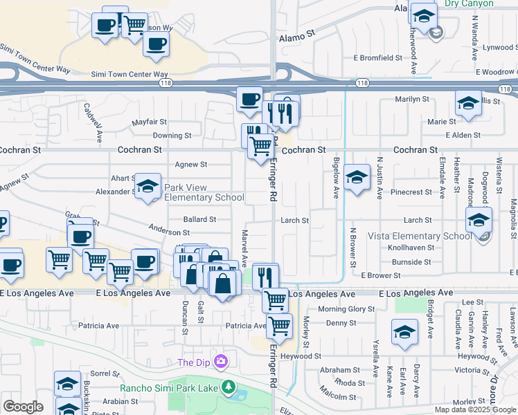 map of restaurants, bars, coffee shops, grocery stores, and more near 2248 Marvel Avenue in Simi Valley
