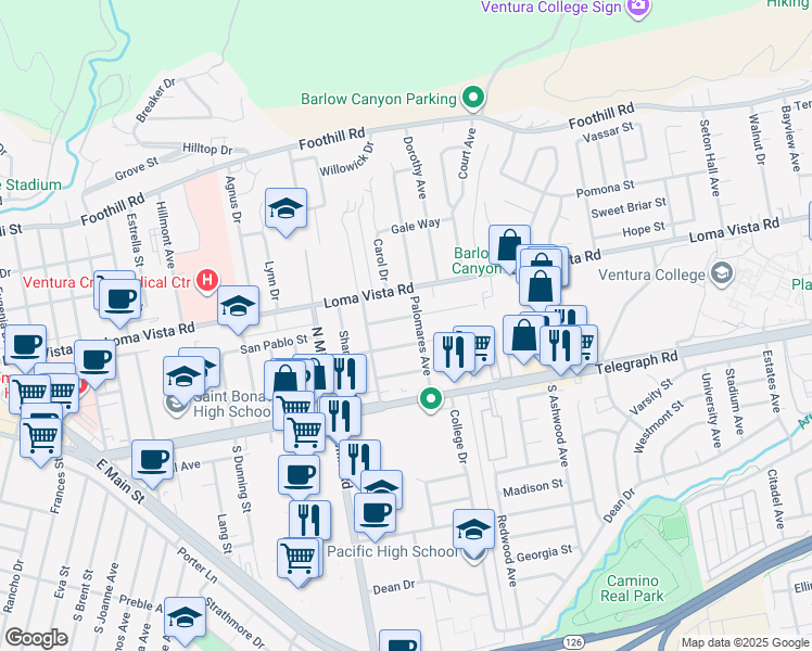 map of restaurants, bars, coffee shops, grocery stores, and more near 3764 Paloma Drive in Ventura