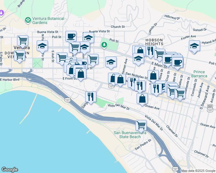 map of restaurants, bars, coffee shops, grocery stores, and more near 1350 East Thompson Boulevard in Ventura