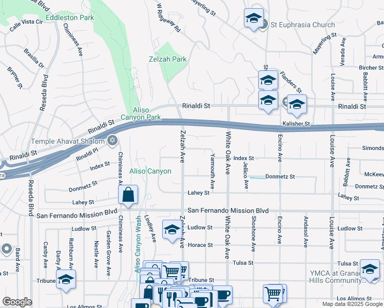 map of restaurants, bars, coffee shops, grocery stores, and more near 17828 Simonds Street in Los Angeles