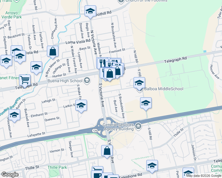 map of restaurants, bars, coffee shops, grocery stores, and more near 6001 Woodland Street in Ventura