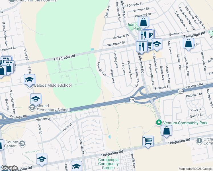 map of restaurants, bars, coffee shops, grocery stores, and more near 7248 Arthur Rondo in Ventura
