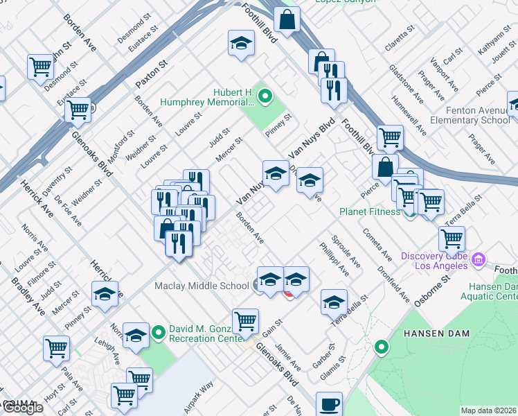 map of restaurants, bars, coffee shops, grocery stores, and more near 12600 Van Nuys Boulevard in Los Angeles