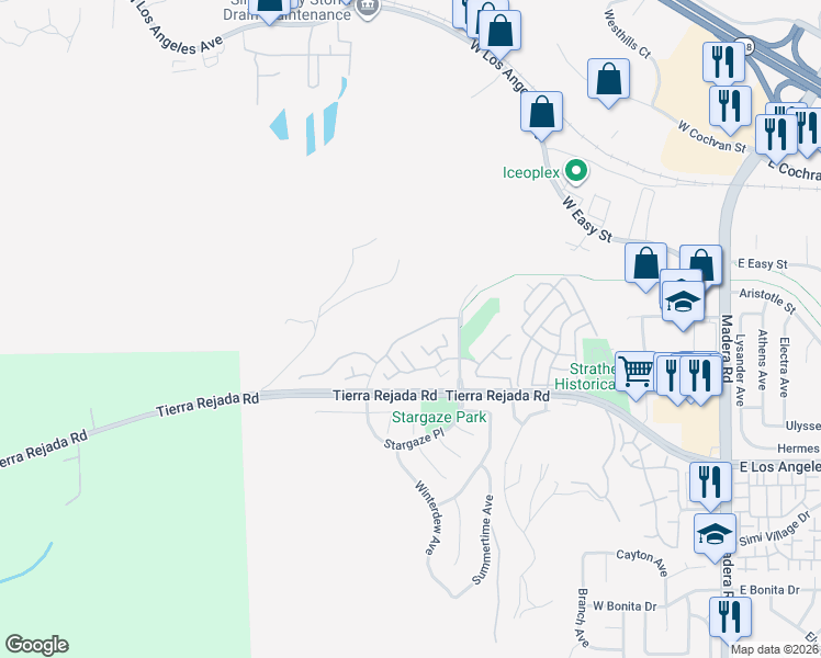 map of restaurants, bars, coffee shops, grocery stores, and more near 439 Algonquin Drive in Simi Valley