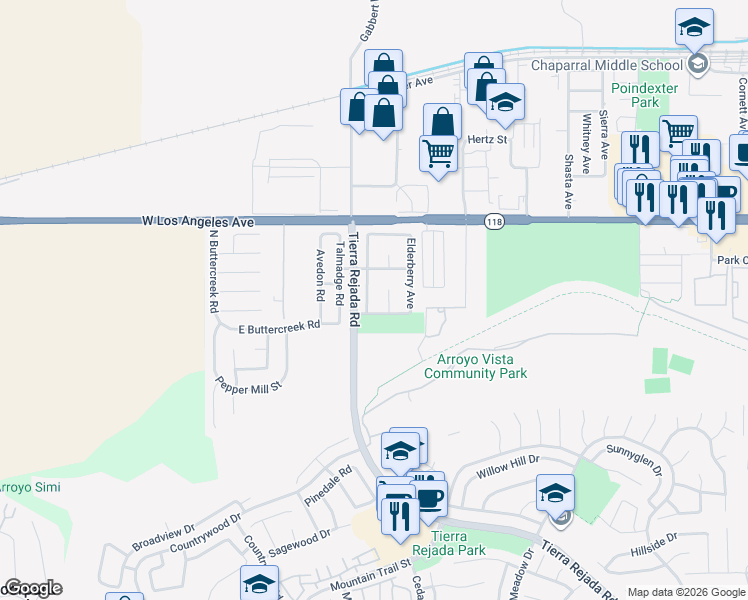 map of restaurants, bars, coffee shops, grocery stores, and more near 4753 Penrose Avenue in Moorpark