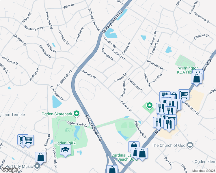 map of restaurants, bars, coffee shops, grocery stores, and more near 7109 Verona Drive in Wilmington