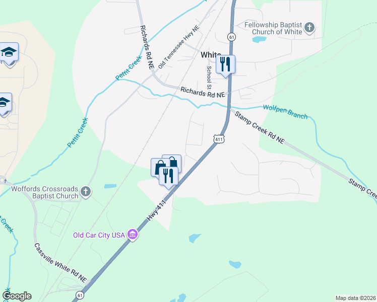 map of restaurants, bars, coffee shops, grocery stores, and more near 200 Whispering Pine Circle in White