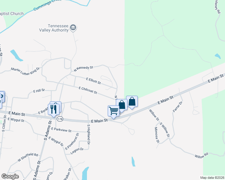 map of restaurants, bars, coffee shops, grocery stores, and more near 618 East Elliott Street in Fulton
