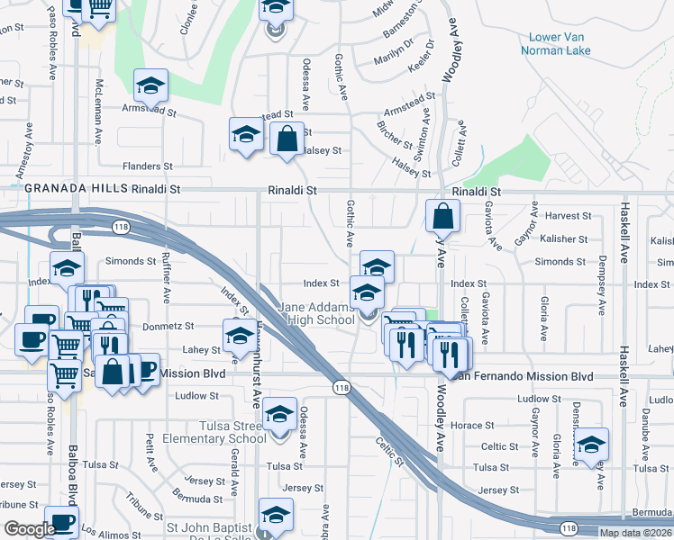 map of restaurants, bars, coffee shops, grocery stores, and more near 16422 Simonds Street in Los Angeles