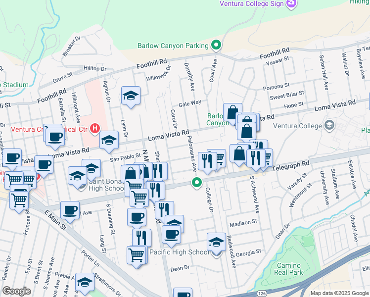 map of restaurants, bars, coffee shops, grocery stores, and more near 3764 Paloma Drive in Ventura