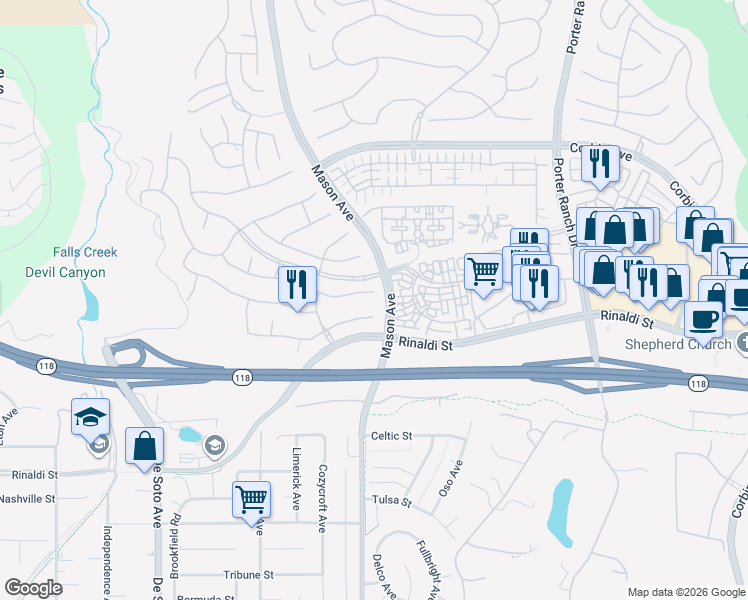 map of restaurants, bars, coffee shops, grocery stores, and more near 20504 Bergamo Way in Los Angeles