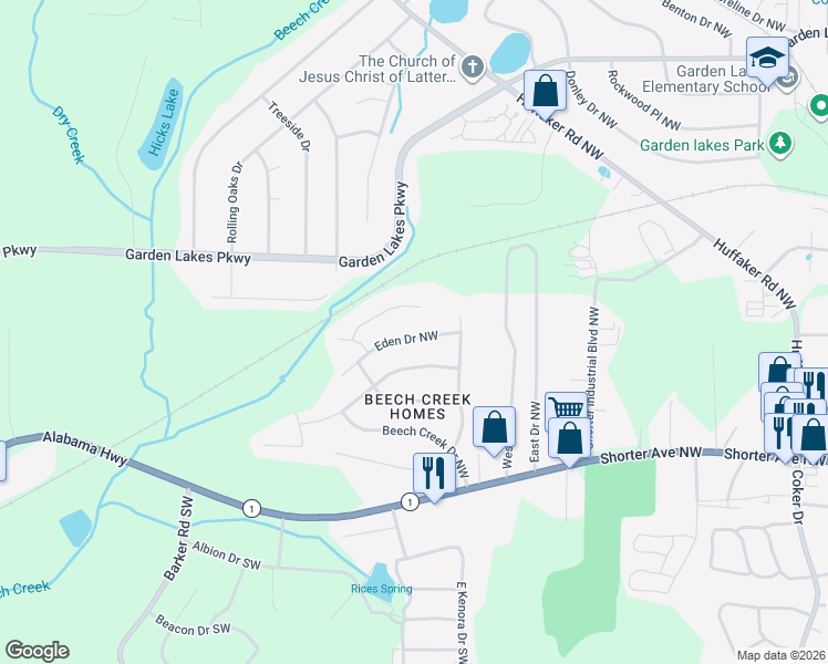 map of restaurants, bars, coffee shops, grocery stores, and more near 14 Graben Drive Northwest in Rome