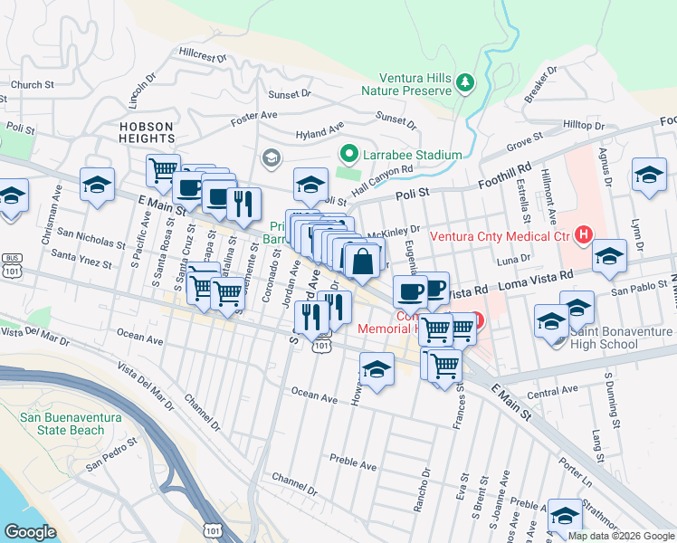 map of restaurants, bars, coffee shops, grocery stores, and more near 2 Arcade Drive in Ventura