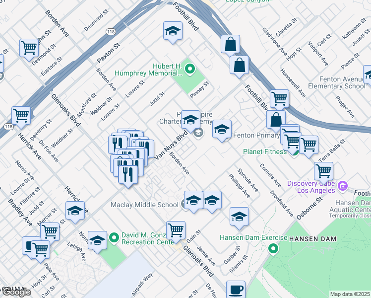 map of restaurants, bars, coffee shops, grocery stores, and more near 12600 Van Nuys Boulevard in Los Angeles