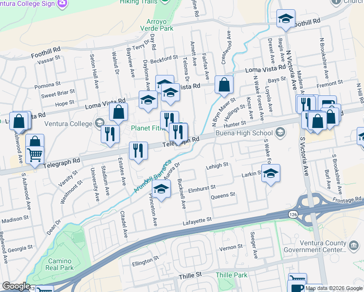 map of restaurants, bars, coffee shops, grocery stores, and more near 5100 Telegraph Road in Ventura