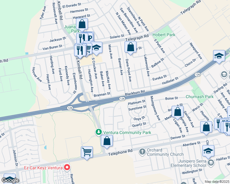 map of restaurants, bars, coffee shops, grocery stores, and more near 2 Mara Avenue in Ventura