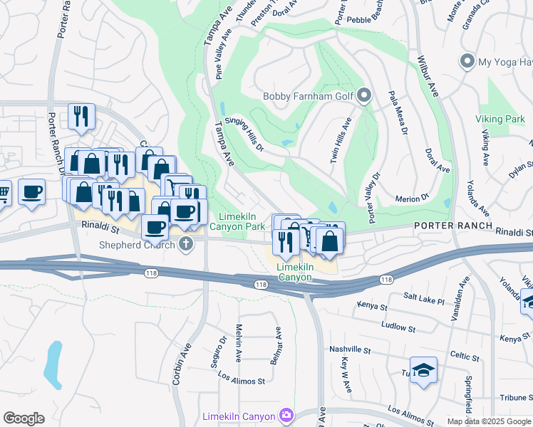 map of restaurants, bars, coffee shops, grocery stores, and more near 19547 Rinaldi Street in Los Angeles