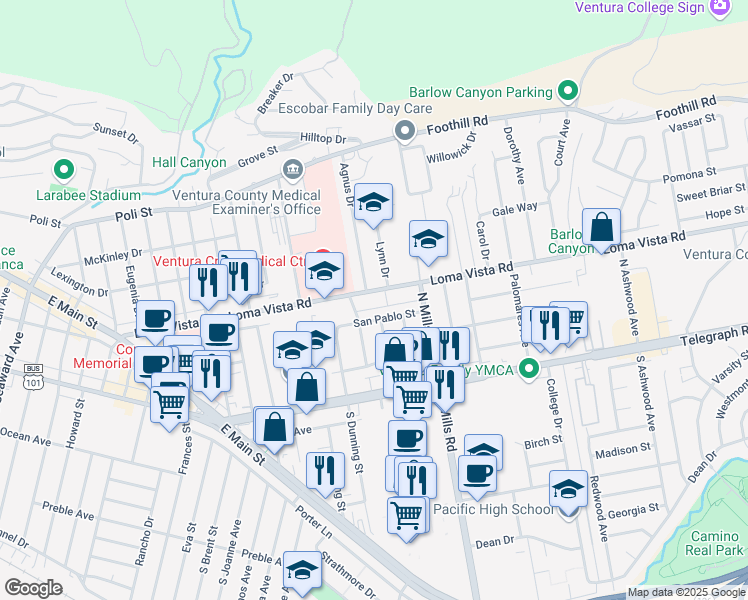 map of restaurants, bars, coffee shops, grocery stores, and more near 203 Lynn Drive in Ventura
