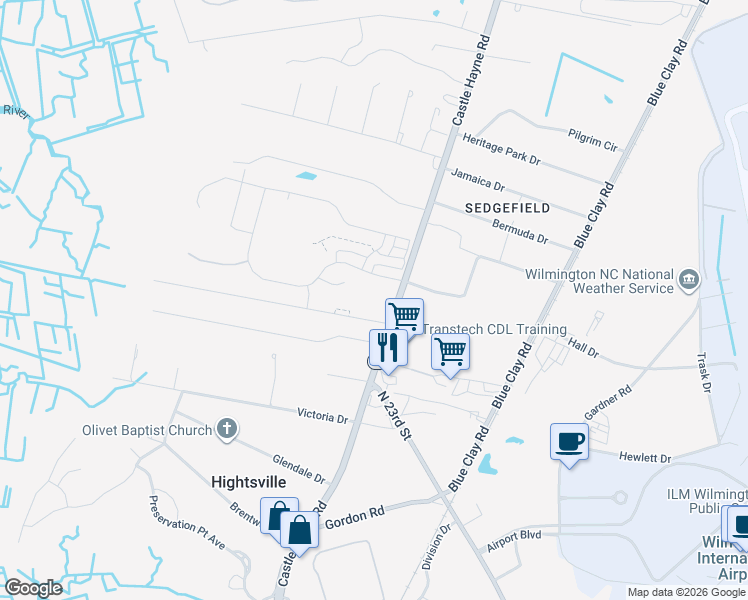 map of restaurants, bars, coffee shops, grocery stores, and more near 2009 Castle Hayne Road in Wilmington