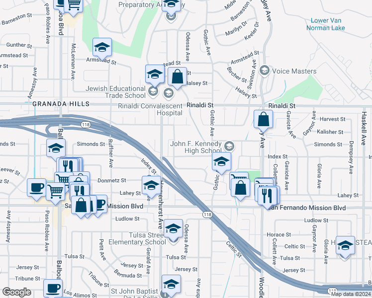 map of restaurants, bars, coffee shops, grocery stores, and more near 16500 Simonds Street in Los Angeles