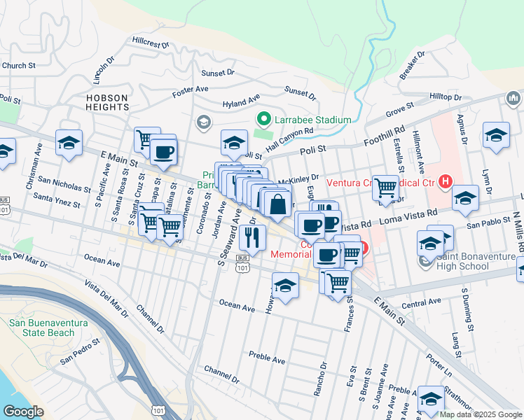 map of restaurants, bars, coffee shops, grocery stores, and more near 2468 Lexington Drive in Ventura