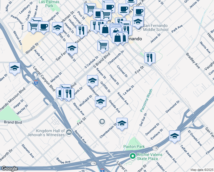 map of restaurants, bars, coffee shops, grocery stores, and more near 637 Kewen Street in San Fernando