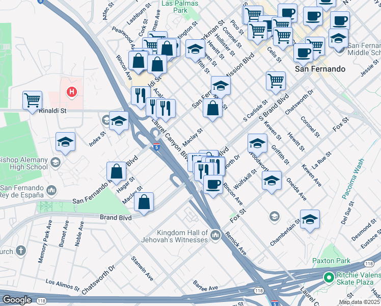 map of restaurants, bars, coffee shops, grocery stores, and more near 11348 Laurel Canyon Boulevard in San Fernando