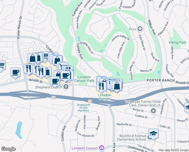 map of restaurants, bars, coffee shops, grocery stores, and more near 11311 Tampa Avenue in Los Angeles
