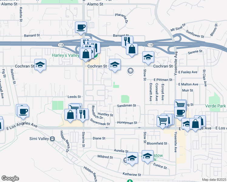 map of restaurants, bars, coffee shops, grocery stores, and more near 2264 Birch Glen Ave in Simi Valley