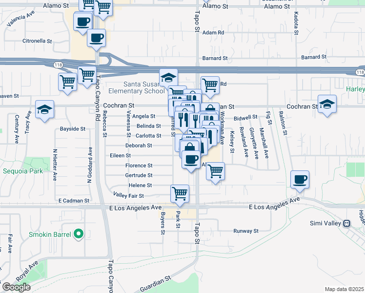 map of restaurants, bars, coffee shops, grocery stores, and more near 2245 Tapo Street in Simi Valley