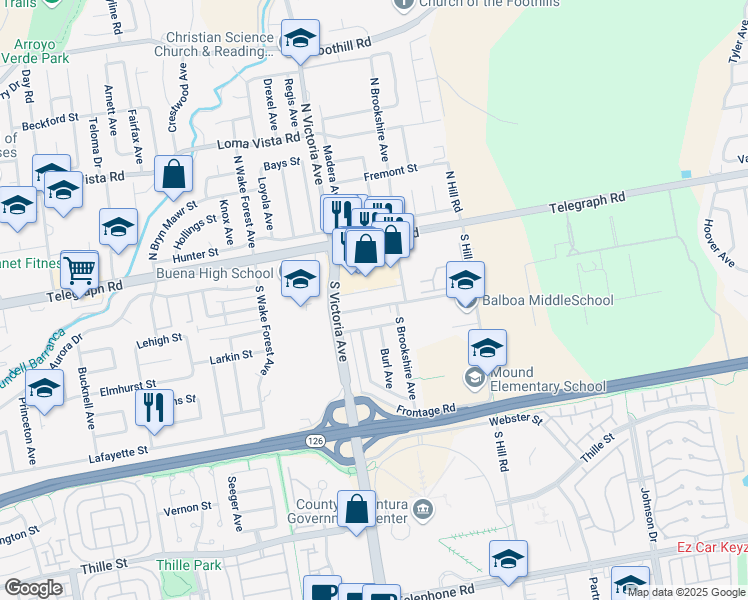 map of restaurants, bars, coffee shops, grocery stores, and more near 6040 Telegraph Road in Ventura