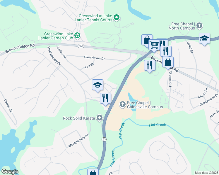 map of restaurants, bars, coffee shops, grocery stores, and more near 814 Orchard Brook Drive in Gainesville