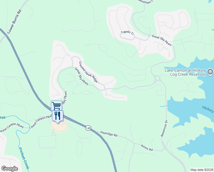 map of restaurants, bars, coffee shops, grocery stores, and more near 539 Crested Hawk Ridge in Canton
