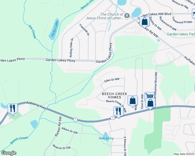map of restaurants, bars, coffee shops, grocery stores, and more near 1 Graben Drive Northwest in Rome