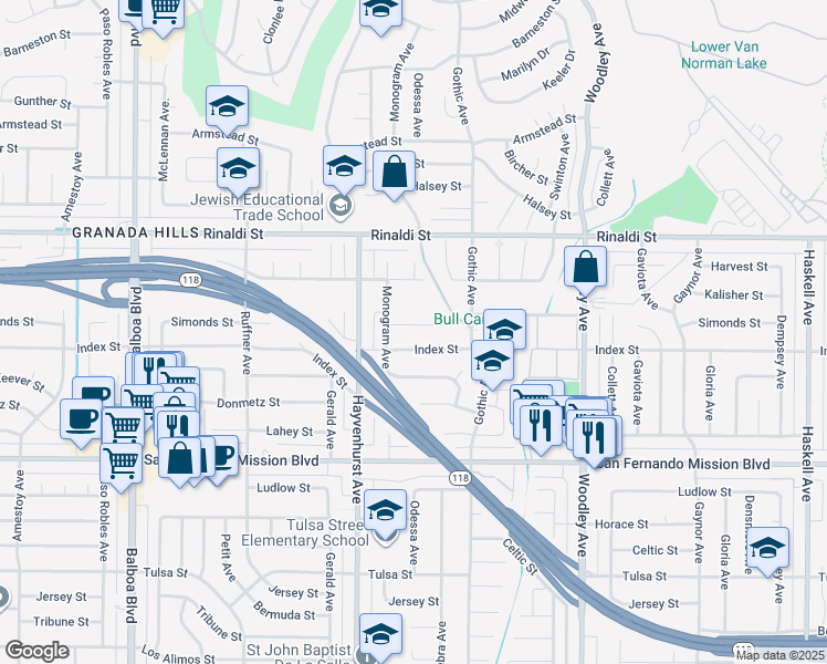 map of restaurants, bars, coffee shops, grocery stores, and more near 16500 Simonds Street in Los Angeles