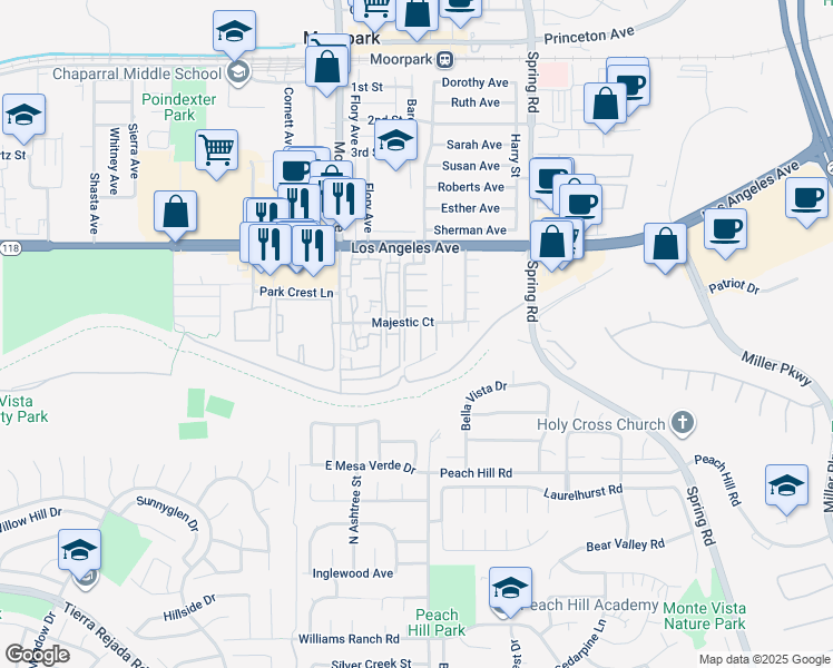 map of restaurants, bars, coffee shops, grocery stores, and more near 4777 Dartmoor Court in Moorpark
