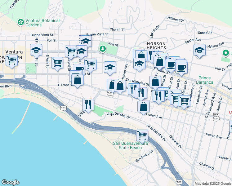 map of restaurants, bars, coffee shops, grocery stores, and more near East Thompson Boulevard in Ventura